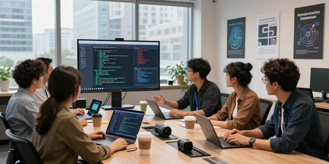 Team collaborating on AI assistant development in a bright tech office.