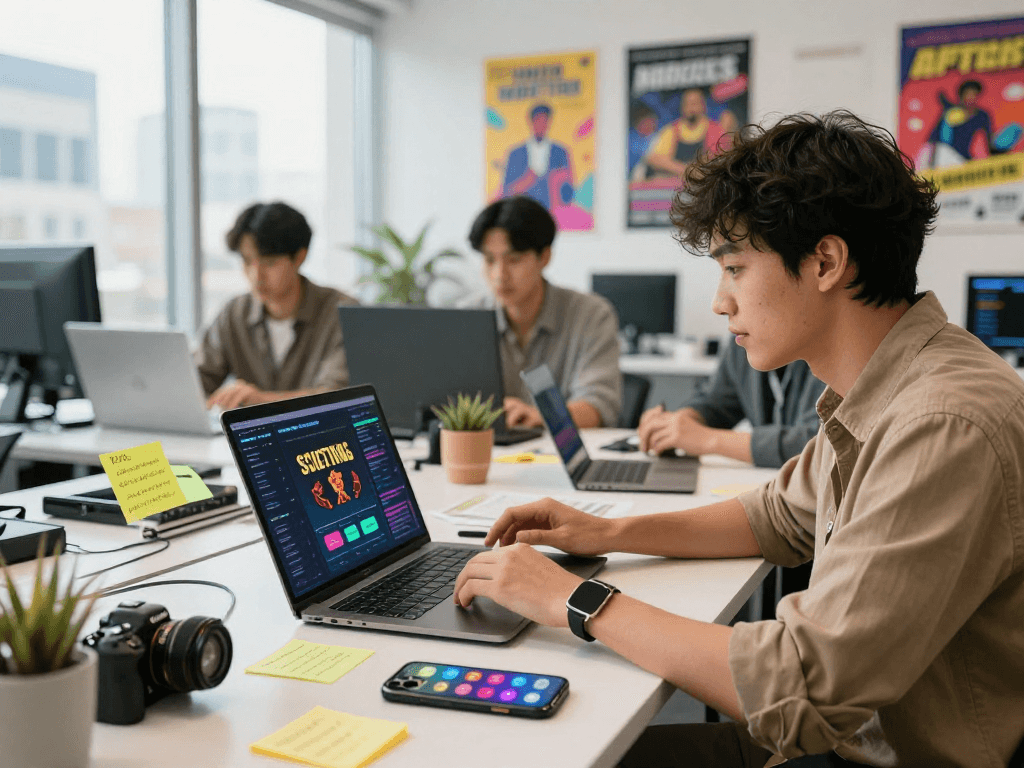 Marketing expert analyzing spicy AI trends in a vibrant workspace.