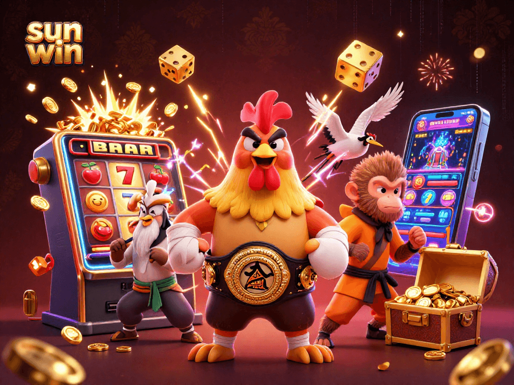 Experience thrilling action at sun win with a vibrant 3D casino illustration featuring iconic characters and jackpot excitement.