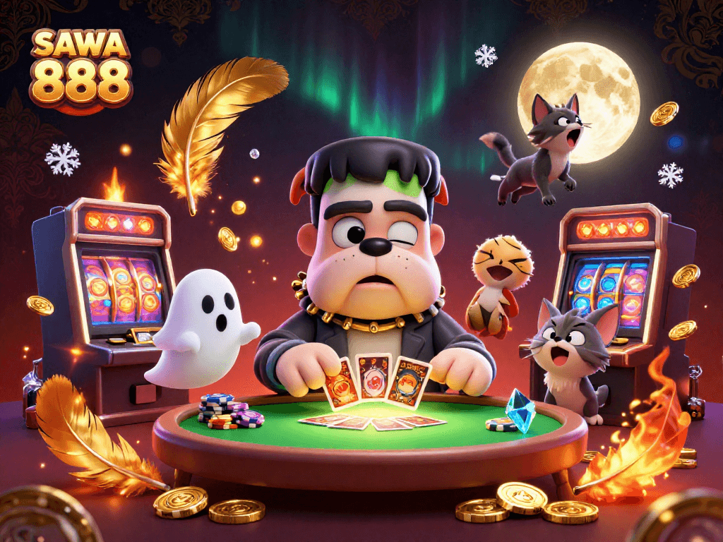 SAWA 888 engages players with a lively casino scene where a Frankenstein bulldog deals cards surrounded by gold coins.