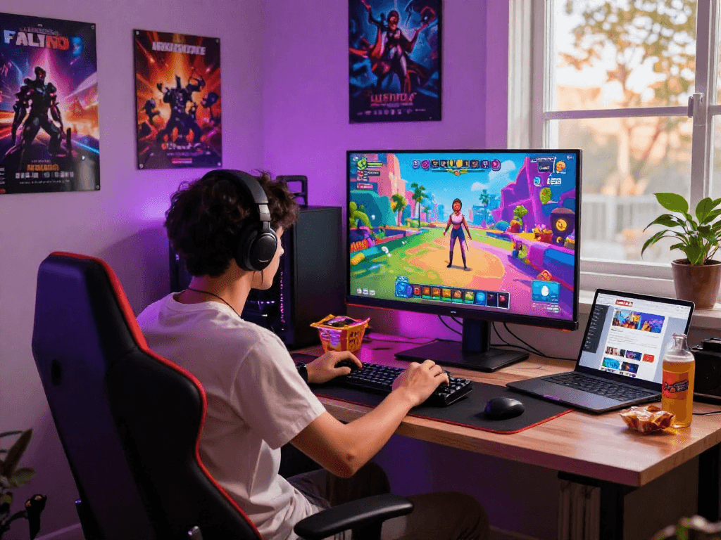 Gamer exploring exciting real porn games in a vibrant, cozy gaming setup.