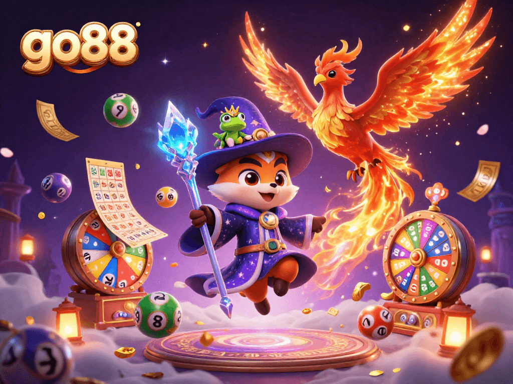 Engage with go88's vibrant gambling scene featuring a wizard fox and phoenix, with dynamic lottery elements.