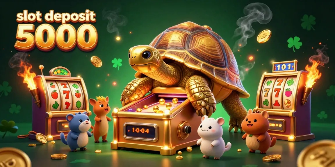 Experience the thrill of slot deposit 5000 with dynamic 3D illustration of a gaming scene featuring a colossal tortoise-pivoted pinball machine.