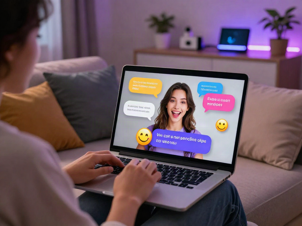 Engaging setup for ai porn chat conversation featuring a user on a laptop in a cozy modern environment.