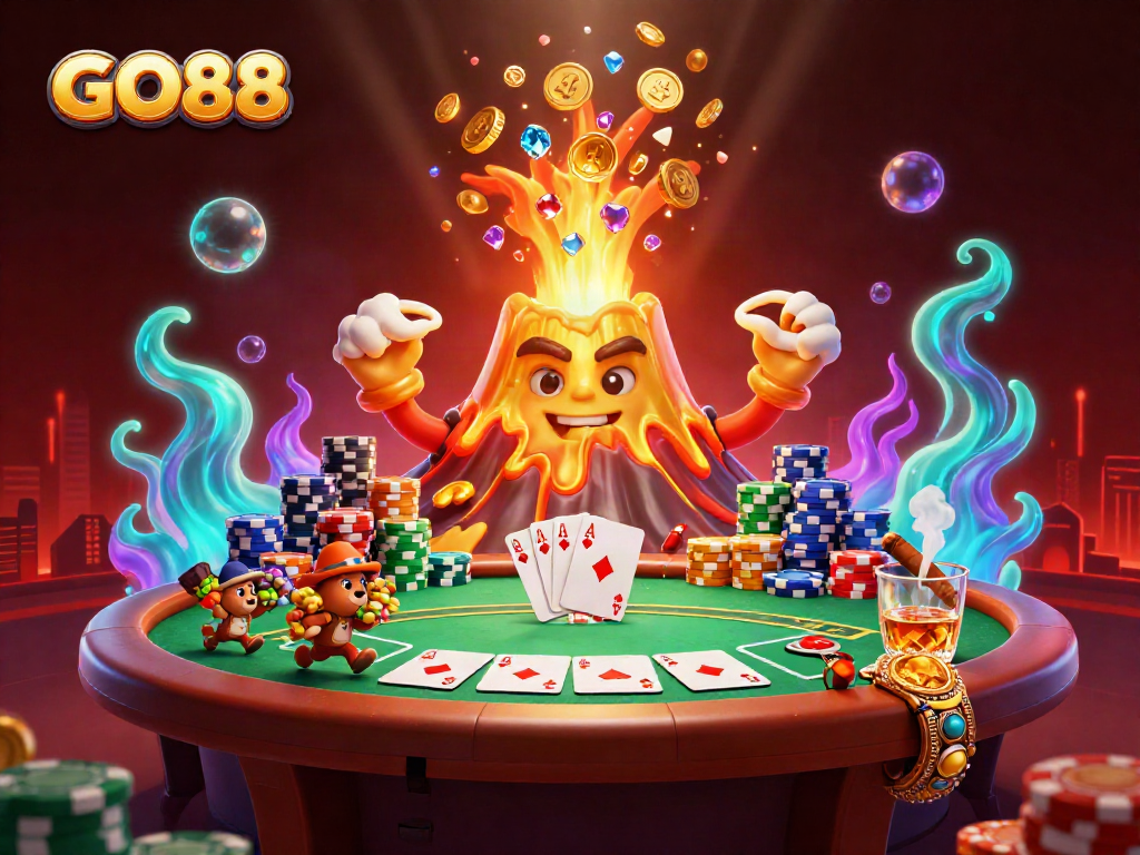 Experience GO88 action with treasure-fleeing animals and a victorious volcano in a vibrant casino scene.