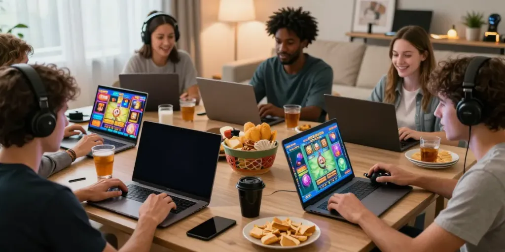 Players enjoying TX88 online slot games in a vibrant gaming atmosphere