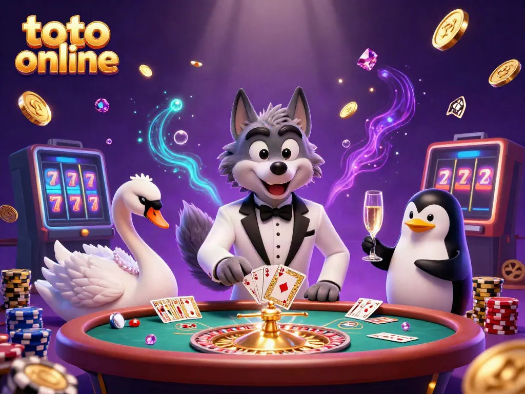 Experience thrilling toto online gaming with a vibrant 3D illustration of casino characters in action.