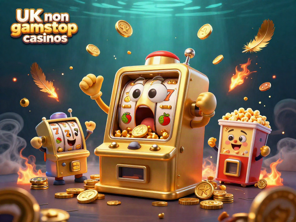 Engaging scene showing a golden slot machine celebrating its jackpot at UK non gamstop casinos