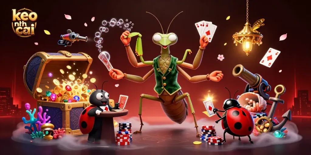 Engage in thrilling gameplay with keo nha cai as a giant mantis card sharp deals cards in a dynamic casino scene.