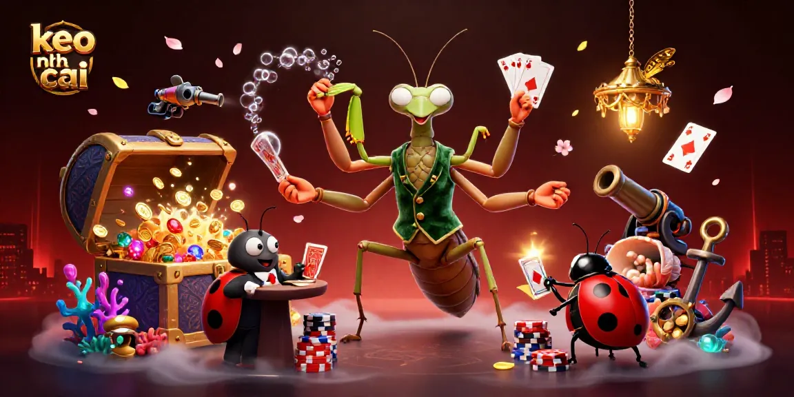 Engage in thrilling gameplay with keo nha cai as a giant mantis card sharp deals cards in a dynamic casino scene.