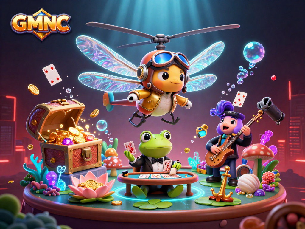 Engage with GMNC as dragonfly pilot oversees a vibrant lily pad casino scene filled with jazz musicians and card games.