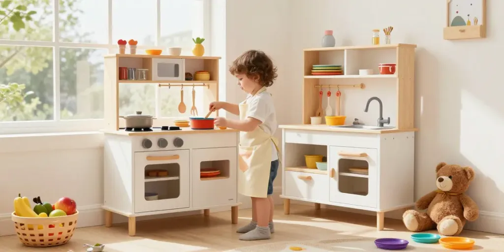 Kids kitchen play area with a child cooking colourful toy food, promoting imaginative play.