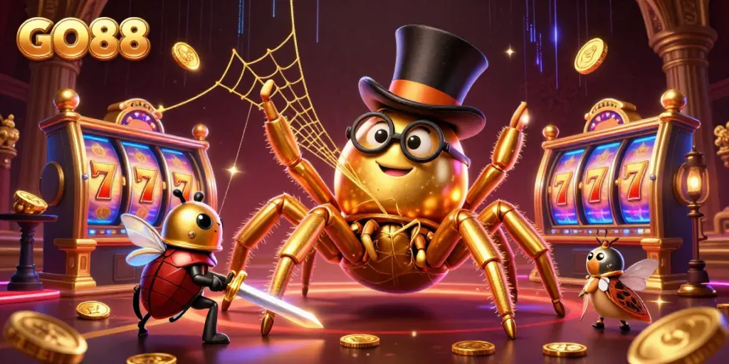 Join the fun at GO88 with a dynamic casino scene featuring a golden tarantula and brave knight