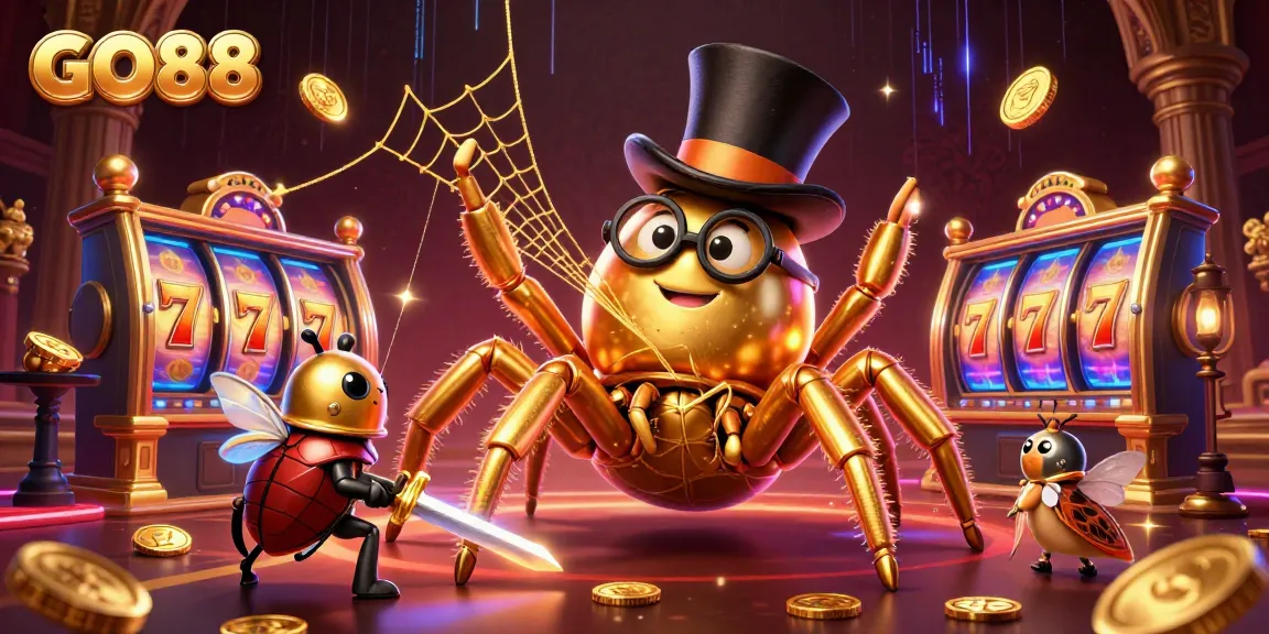 Join the fun at GO88 with a dynamic casino scene featuring a golden tarantula and brave knight