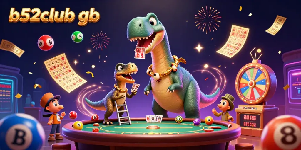 Experience vibrant gaming at b52club gb with a playful brontosaurus and clever raptor in a lively casino scene.