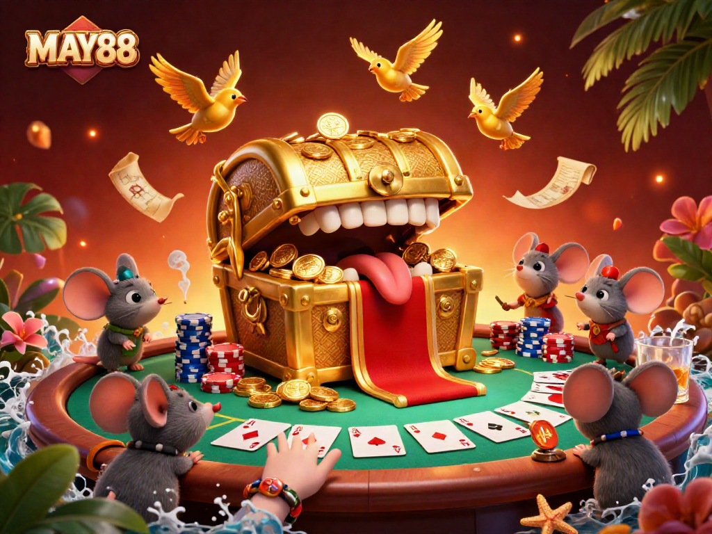 MAY88 enchants with a treasure chest luring adventurer mice in a vibrant casino scene.