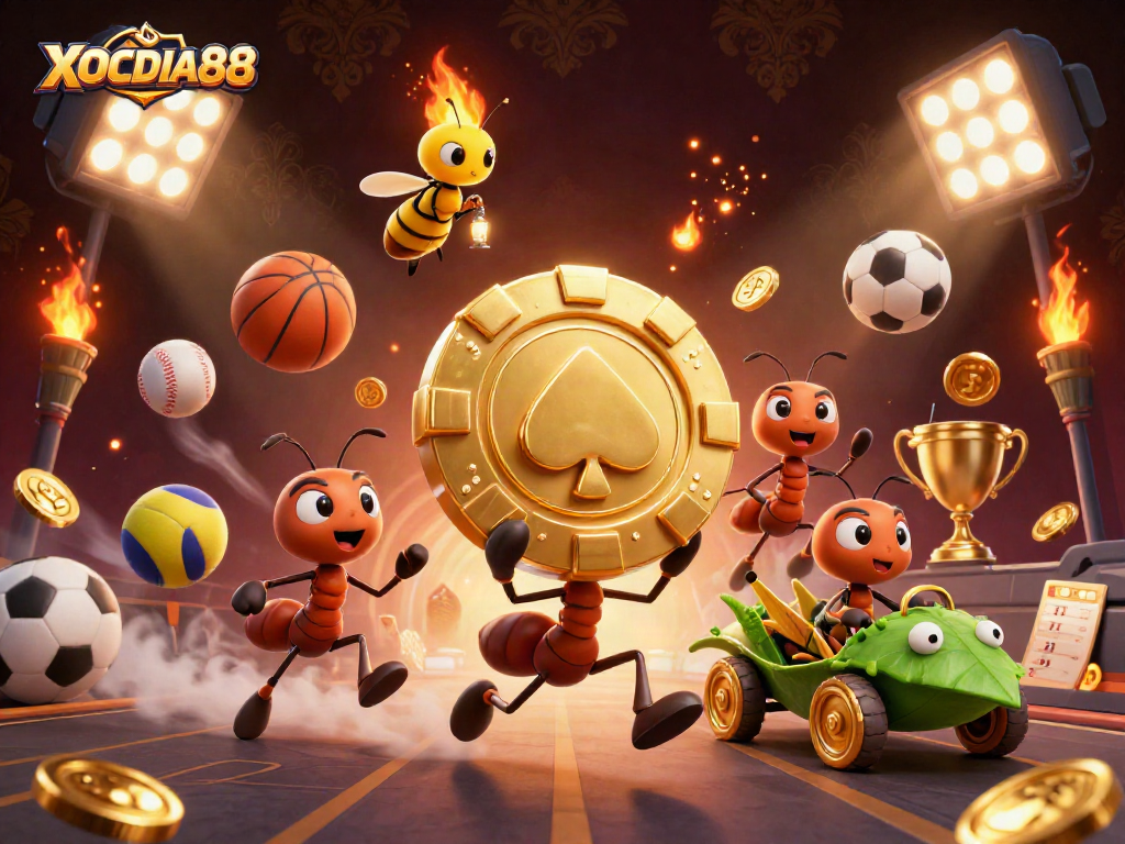 Engage in thrilling bets at XOCDIA88 with golden poker chips and dynamic sports elements.
