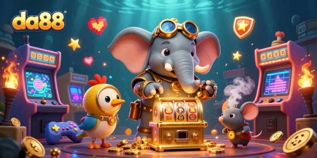 Spin the da88 slot machine with a steampunk elephant engineer in a vibrant casino setting.