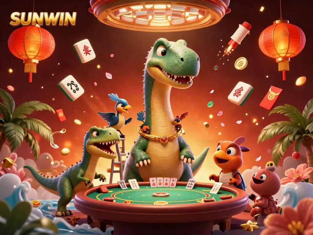 SUNWIN gaming scene with a cartoon dinosaur and raptor dealer showcasing a vibrant casino atmosphere.