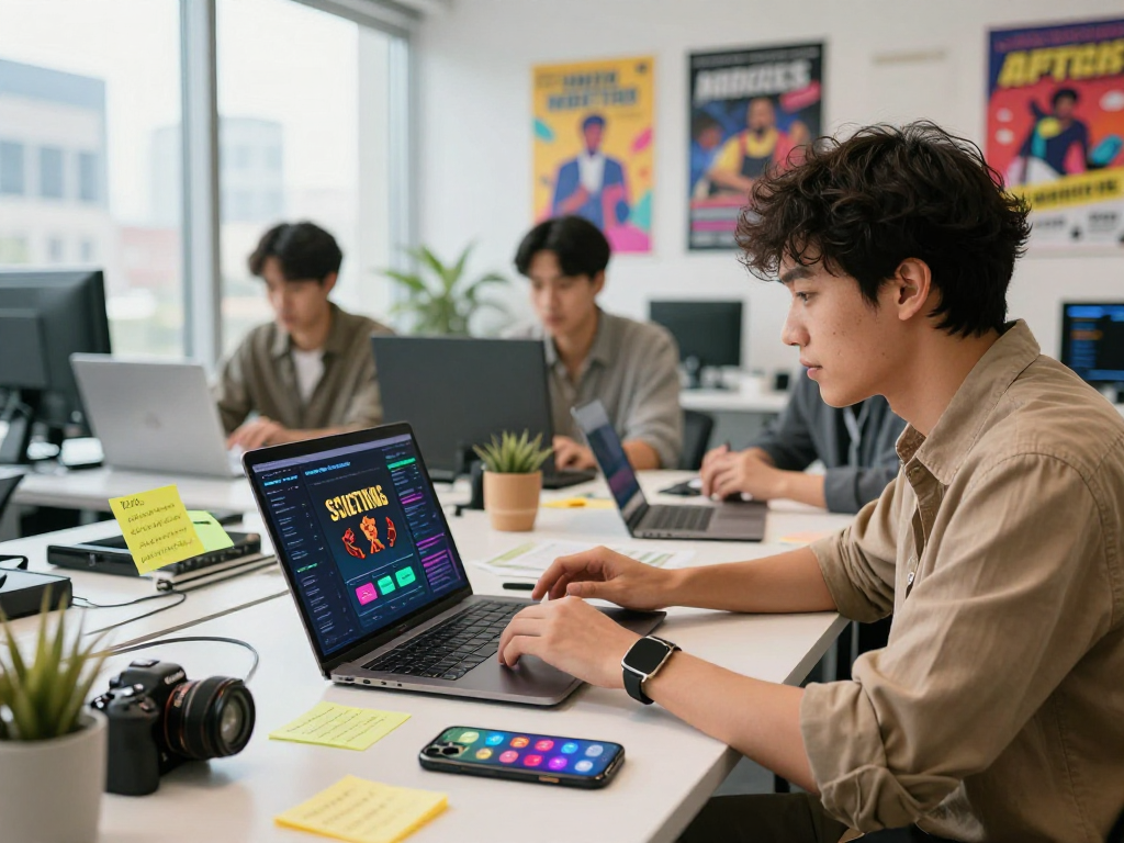 Marketing expert analyzing spicy AI trends in a vibrant workspace.
