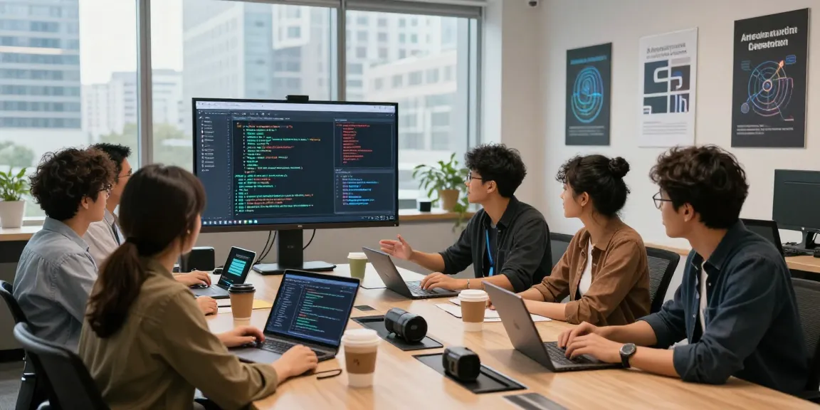 Team collaborating on AI assistant development in a bright tech office.