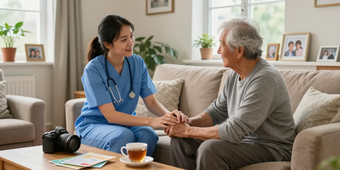 Home care in Solihull with a caregiver helping an elderly person in a cozy living room.