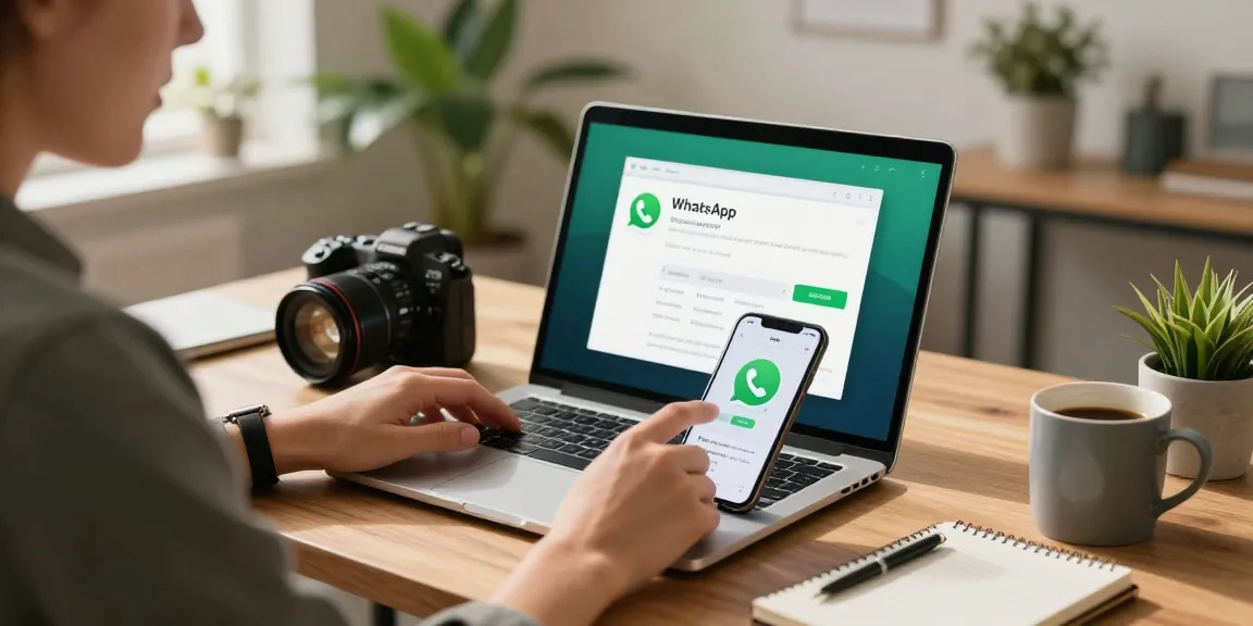 Downloading WhatsApp下載 on a laptop in a modern home office setting.