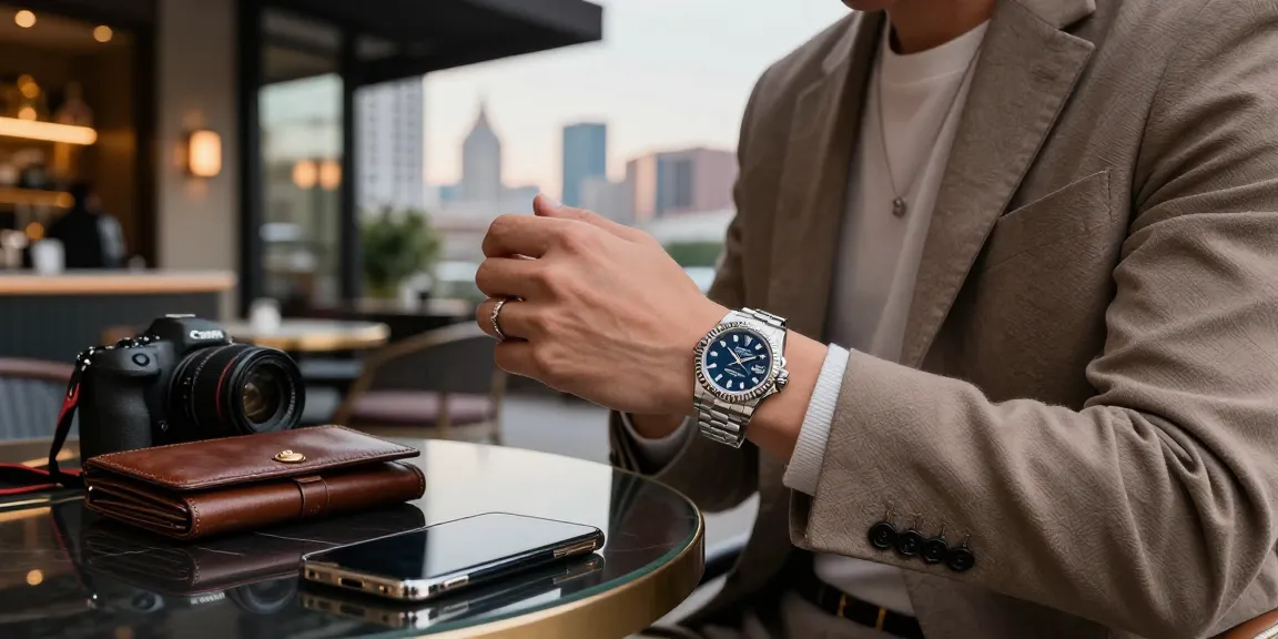 Admiring rolex super clone watches in an upscale urban cafe with elegant accessories.