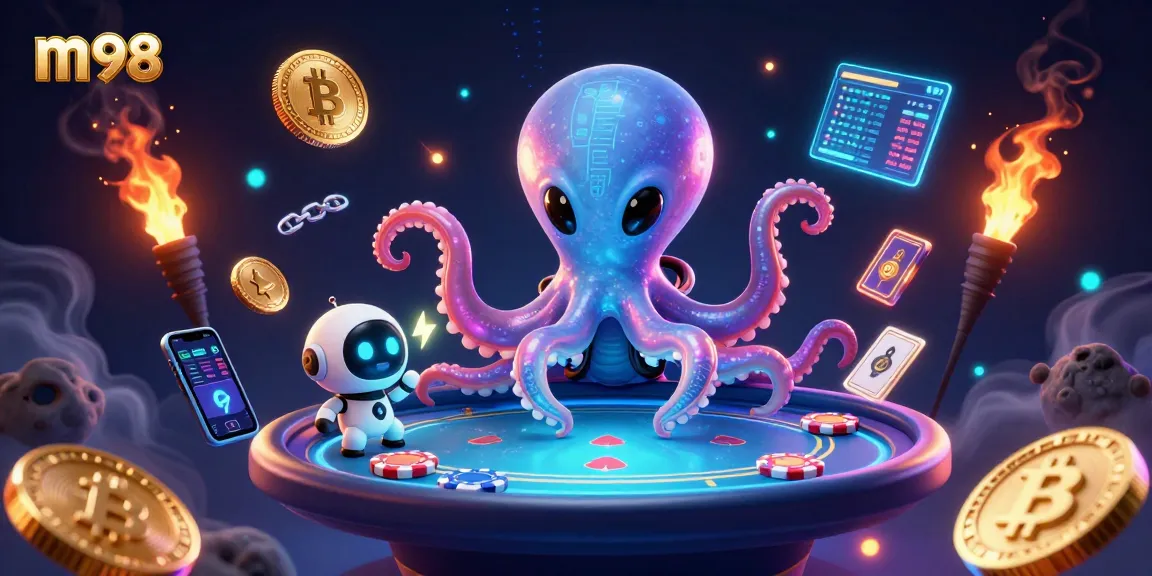 Engage in m98 gaming fun with an exciting alien octopus at a holographic poker table.