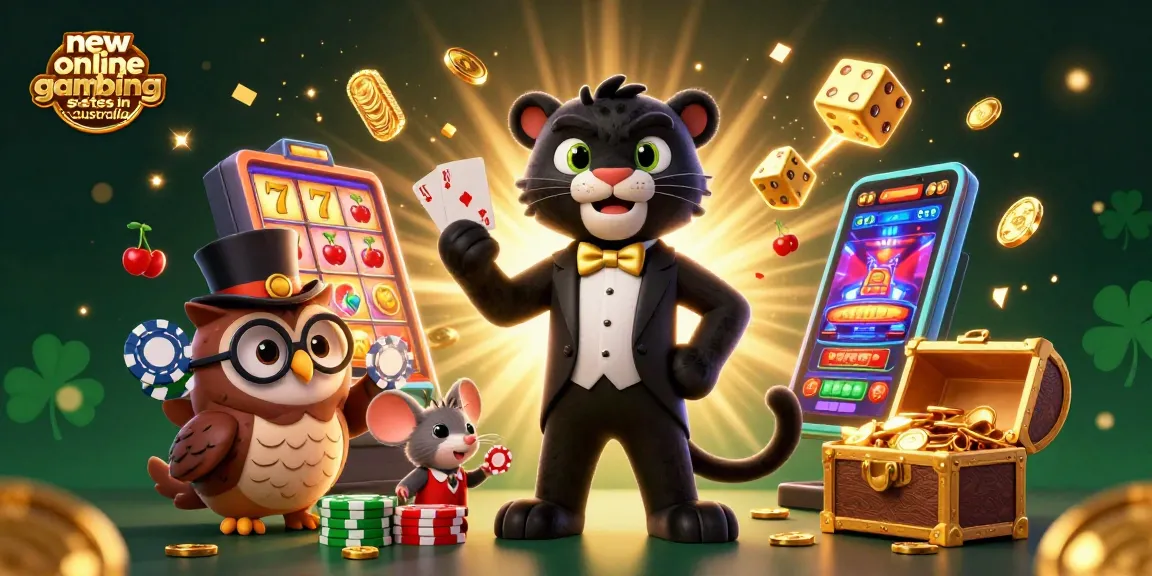 Engage with new online gambling sites in australia, featuring vibrant casino characters amidst dynamic elements.