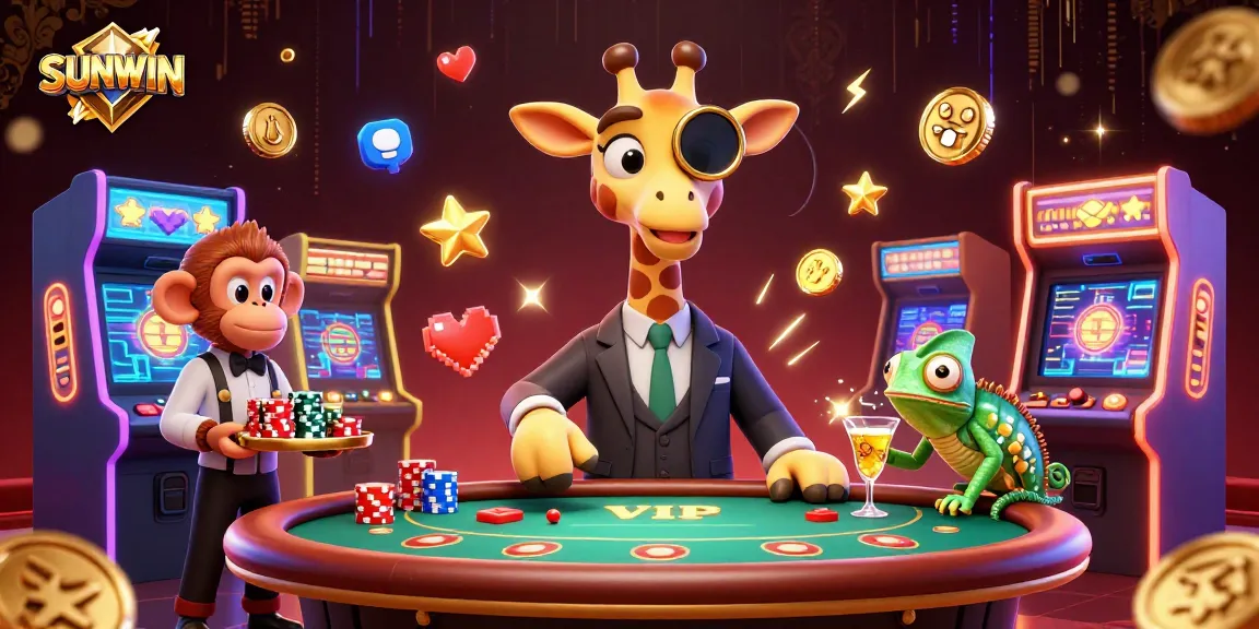 SUNWIN offers vibrant gaming excitement with a high-roller giraffe at a VIP poker table amidst dynamic arcade elements.