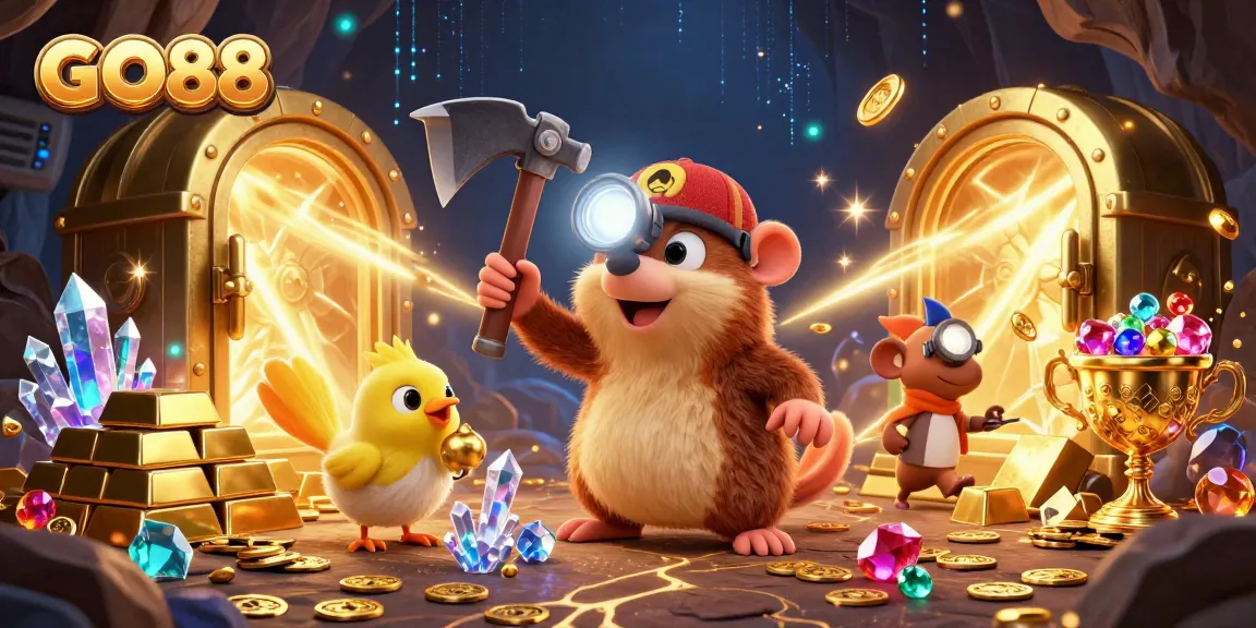 Engage with GO88 as a treasure hunter unearths riches in a dazzling casino-themed cave.